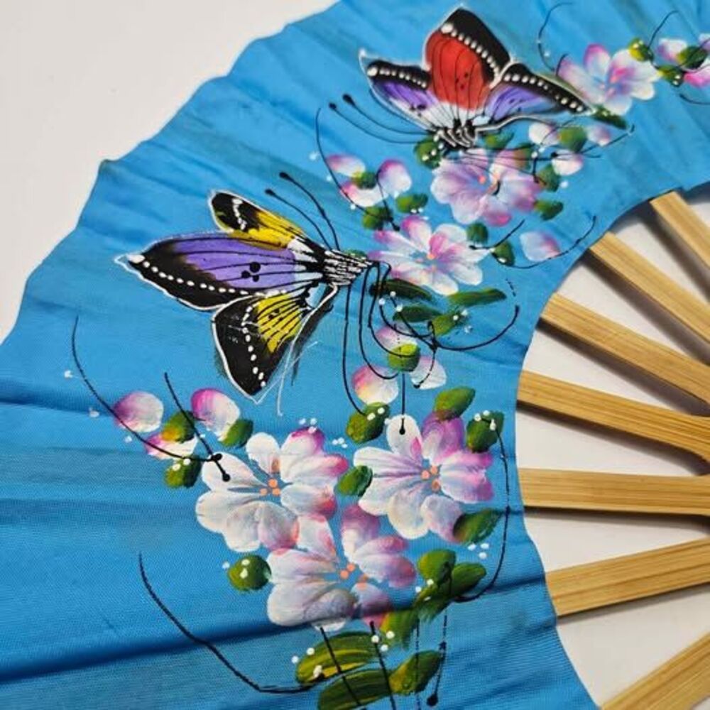 Vintage Thailand Painted Folding Hand Painted butterflies Bamboo Wall hand fan - Picture 3 of 8